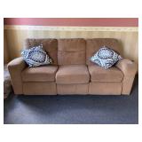 Brown Fabric Reclining Sofa With Throw Pillows