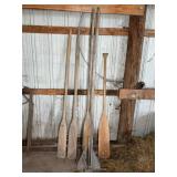 Five Wooden Boat Oars and Metal Fluke Anchor
