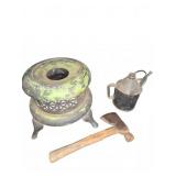 Cast Iron Heater Stand, Oil Can, & Hatchet