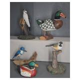5 Hand Painted Carved Wooden Birds
