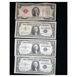 (3) U.S. $1 Silver Certificates, $2 Note