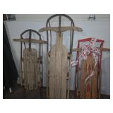 3 Wooden Snow Sleds With Metal Runners