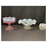 Three Pieces Opalescent Glass Compotes and Votive