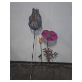 Metal Garden Stakes and Glass Owl Yard Decor Lot