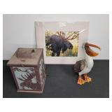 Wildlife Decor Lot: Moose Print, Lantern, Pelican