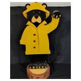Wooden Bear Statue in Yellow Raincoat and Hat