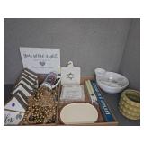 Home Decor Lot With Signage, Candle, Dishes, Mug