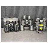 Three Binoculars: Bushnell 8x30, Tasco 12x50