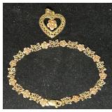 Rose Gold Bracelet and Pendant, Marked 14K