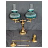 Vintage Brass Double Student Lamp With Green Glass