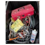 Plastic Tote With Jumper Cables and Auto Supplies