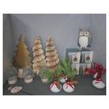 Christmas Decor Lot With Artificial Trees, Owl