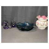 Glass Figurines, Blue Fenton Bowl, Ruffled Vase