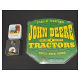 John Deere Tin Sign and Pocket Watch Set