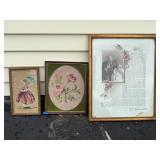Framed Needlepoint Art and Framed Print Trio