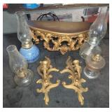 4 Glass Oil Lamps, 2 Gilt Sconces, Wall Shelf