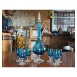 Blue Glass Decanter With Stopper, (6) Glasses
