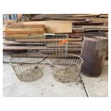 Wire Baskets, Metal Carrier, and Wooden Barrel