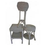 Three White Wicker Pieces Including Plant Stand