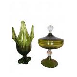 Green Art Glass Compote With Lid & Vase