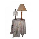 Table With Tablecloth, Wood Lamp, & Beaded Lamp