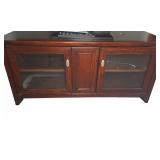 Wood Media Console With Glass Doors And Shelves