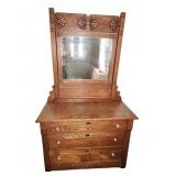 Oak Dresser With Mirror and Wood Drawer Pulls