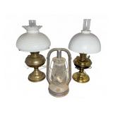 Pair Oil Lamps With Glass Shades, Monarch Lantern