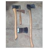 Three Wood-Handled Axes And Hatchets Assortment