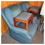 Pair Blue Upholstered Armchairs With Footstools