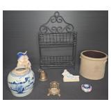 Decorative Assortment: Wire Rack, Ceramic Jug, Pot