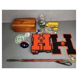 Lot: Cedar Box, Marbles, Letter Patches