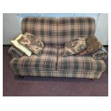 Bassett Plaid Upholstered Loveseat with Pillows