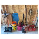 Garage Utility Lot With Shovels, Cans, Buckets,