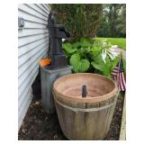 Goulds Cast Iron Hand Water Pump and Wooden Barrel