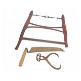 Antique Butcher Tools: Bow Saw, Cleaver