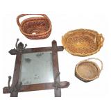 3 Wicker Baskets and Wood Framed Mirror