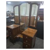 Wood Vanity With Three-Part Mirror and Drawers