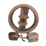 Wooden Wagon Wheel And Pulley Blocks Lot