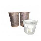 Two Metal Cans and Galvanized Bucket