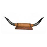 Mounted Steer Horns With Leather Wrap on Wood Base