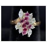 Ladies 14KT sz 7 1/2,  Ruby & Diamond Cluster Ring