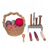 Basket of Yarn Balls With Antique Textile Spools