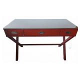 Red Wood Writing Desk With Glass Top And 3 Drawers
