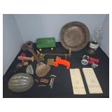 Lot: Toys, Ephemera, Metalware, Glass Bottle