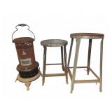2 Metal Stools and 1 Vintage Heater