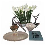 Decor Lot With Flowers, Silver Bowls, Sculpture
