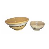 Two Stoneware Mixing Bowls With Embossed Band