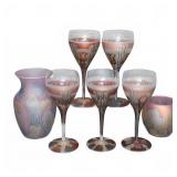 Art Glass Vase, Bowl, and Five Stemware Glasses