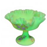 Hand Painted Vaseline Glass Compote Signed